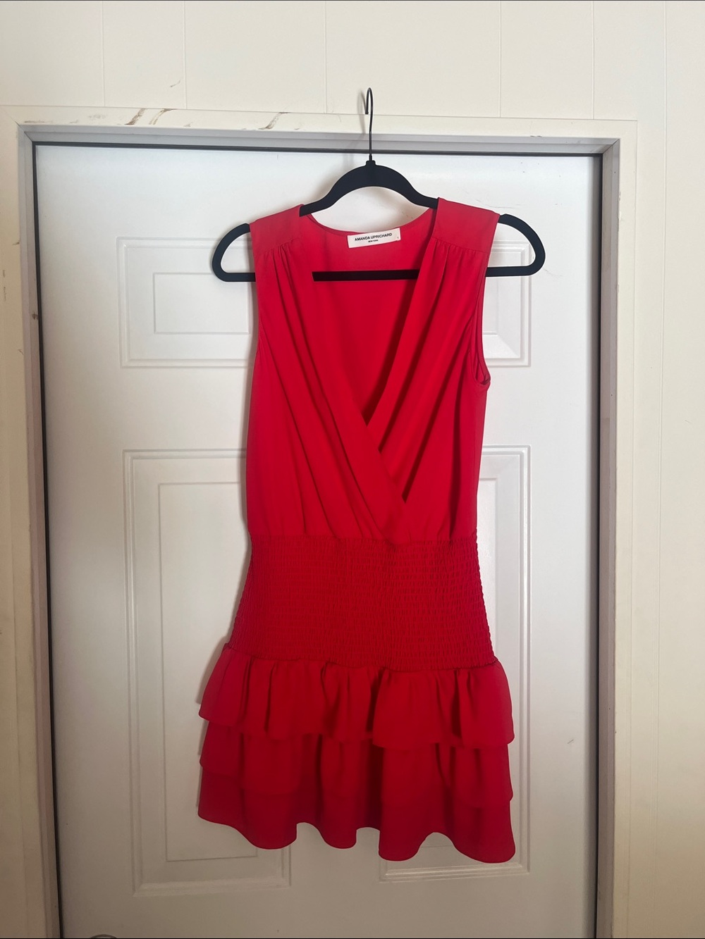 Amanda Uprichard Red Sleeveless V-Neck Mini Dress with Smocked Waist